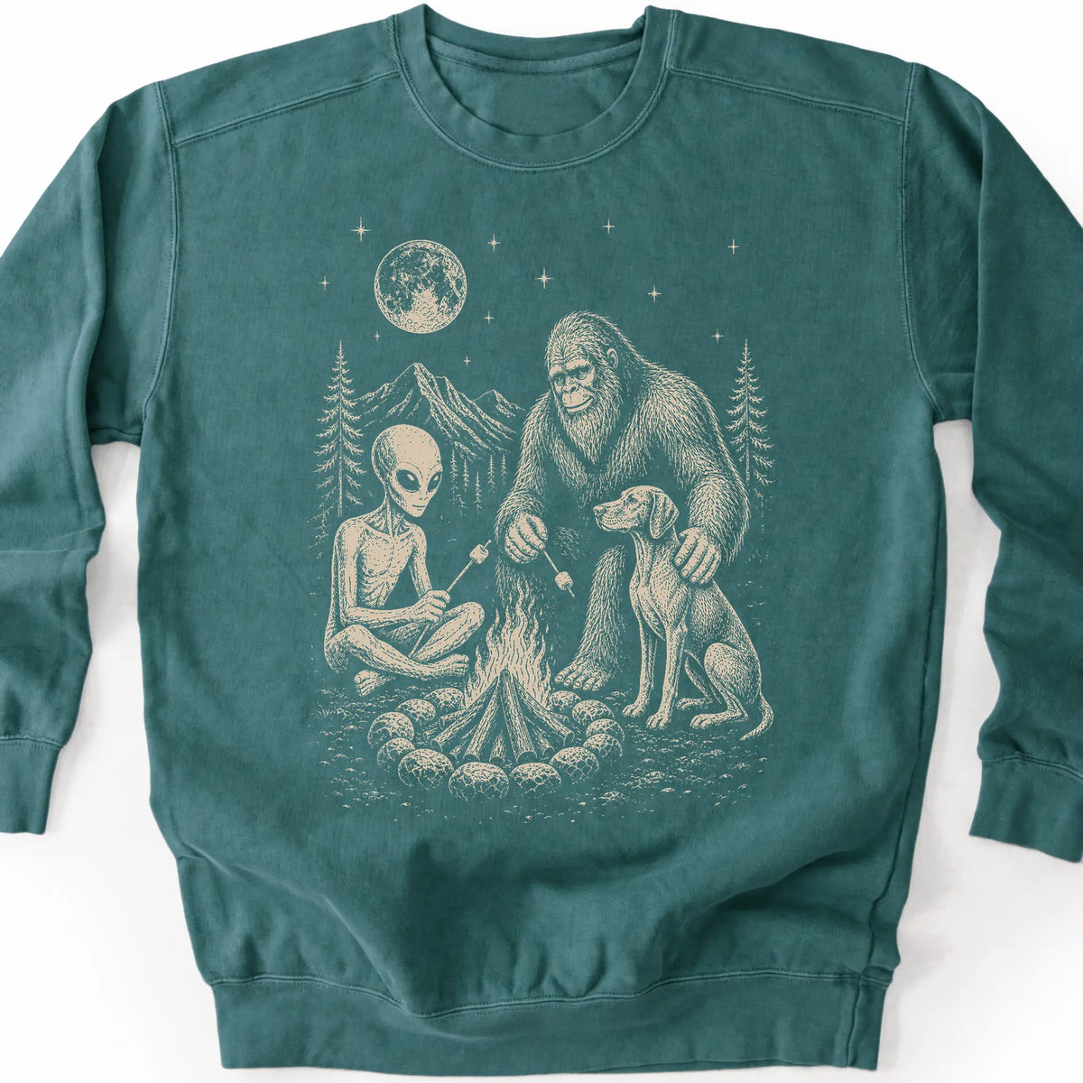 Vizsla, Bigfoot & Alien design on a blue spruce sweatshirt.