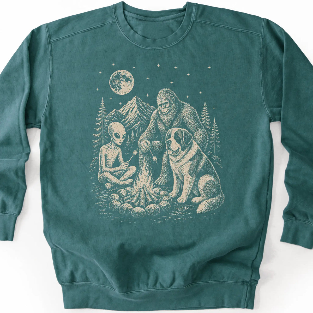 Saint Bernard, Bigfoot & Alien design on a blue spruce sweatshirt.