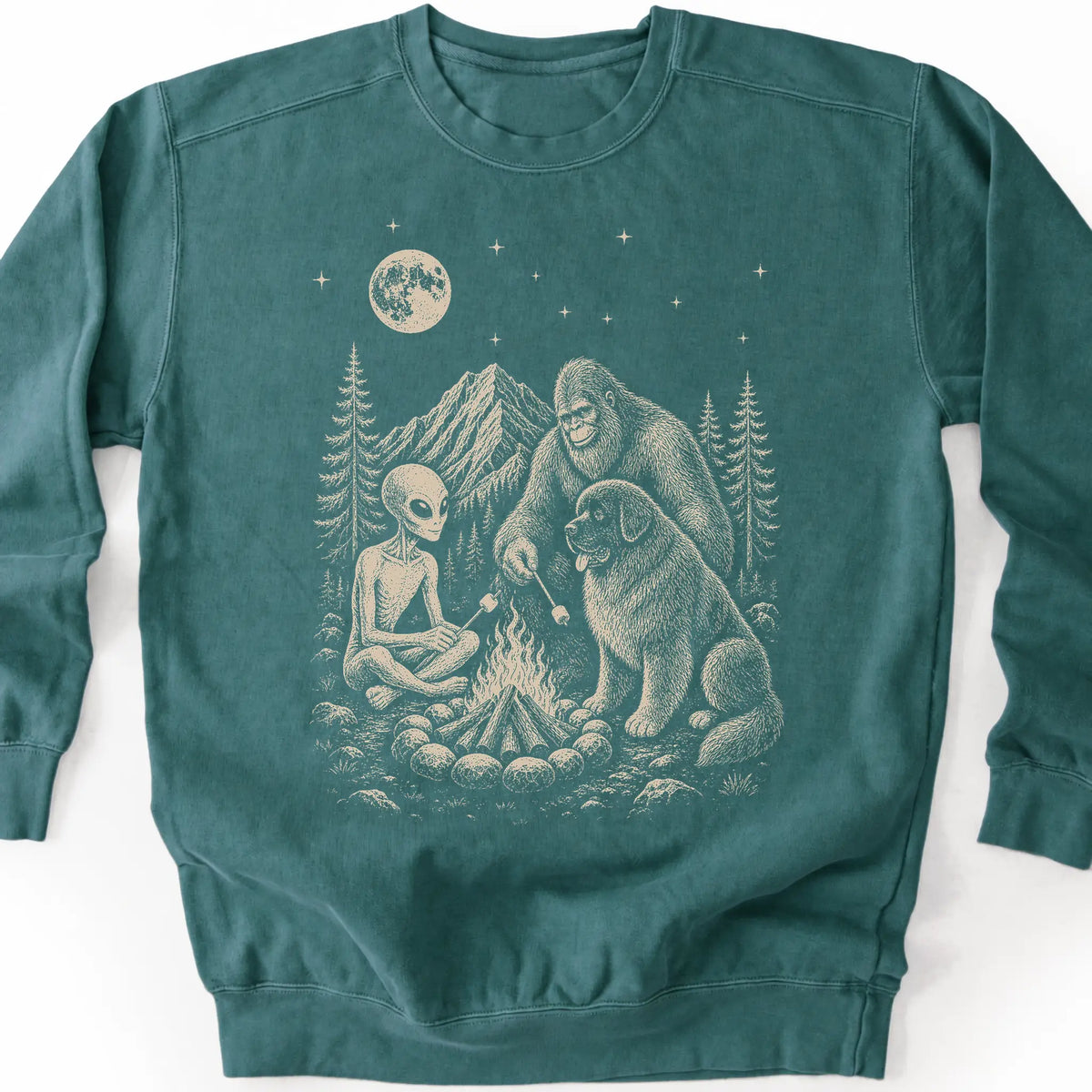 Newfie, Bigfoot & Alien design on a blue spruce sweatshirt.