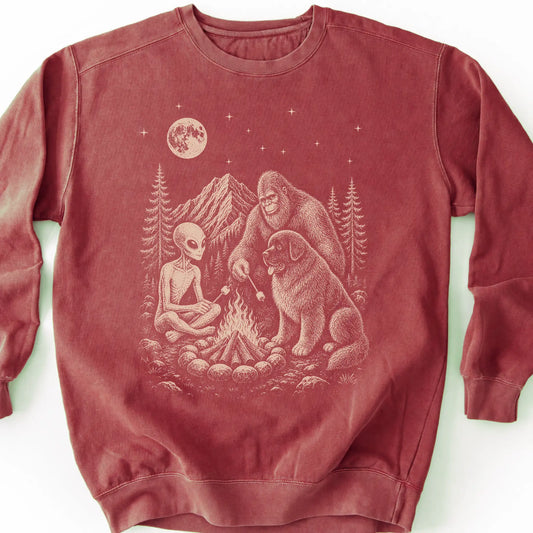 Newfie, Bigfoot & Alien design on a crimson sweatshirt.