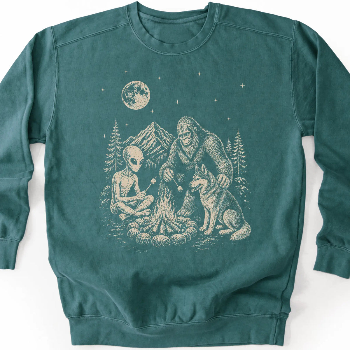 Husky, Bigfoot & Alien design on a blue spruce sweatshirt.