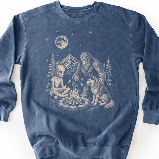 Husky, Bigfoot & Alien design on a denim sweatshirt.