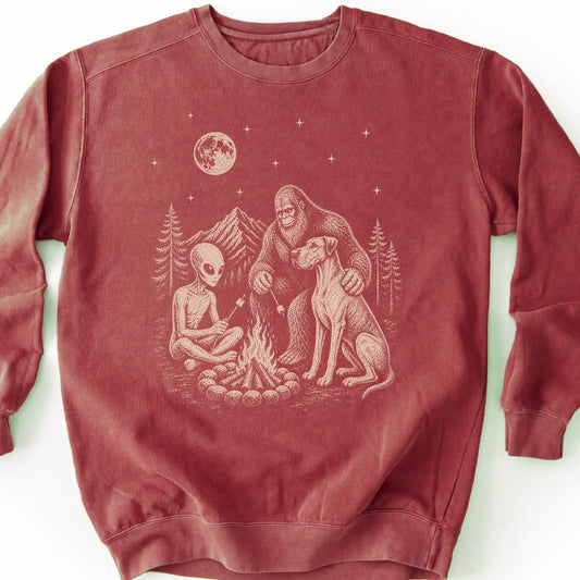 Great Dane, Bigfoot & Alien design on a crimson sweatshirt.