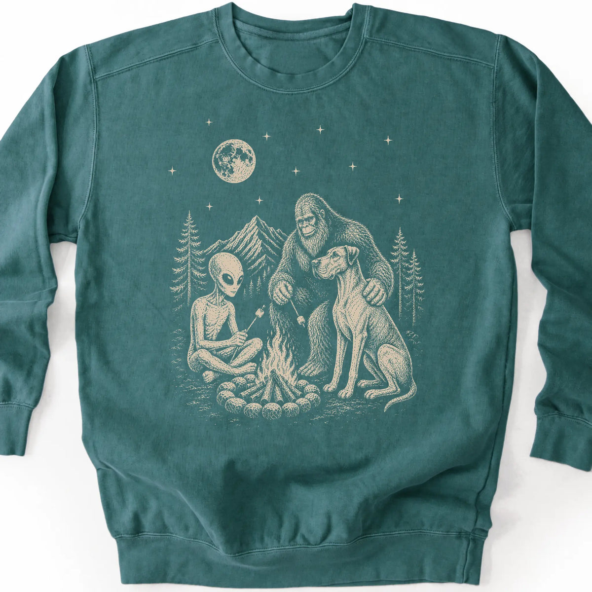 Great Dane, Bigfoot & Alien design on a blue spruce sweatshirt.