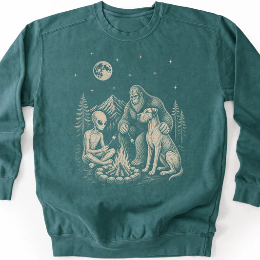 Great Dane, Bigfoot & Alien design on a blue spruce sweatshirt.