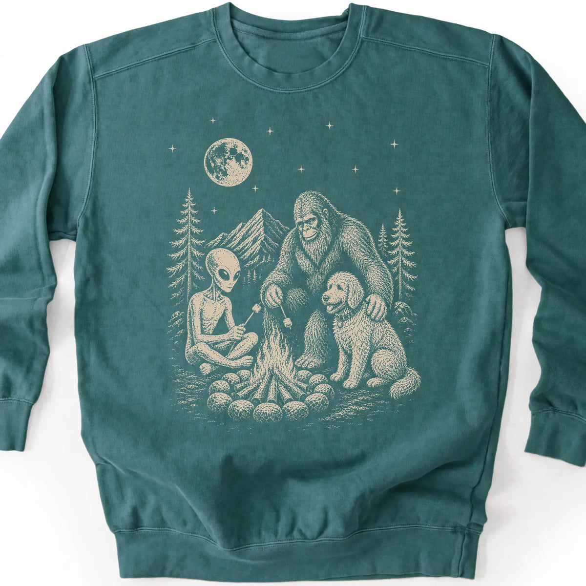 Goldendoodle, Bigfoot & Alien design on a blue spruce sweatshirt.