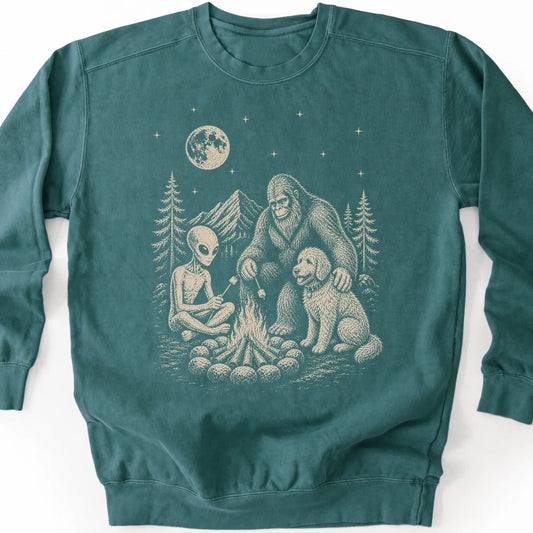 Goldendoodle, Bigfoot & Alien design on a blue spruce sweatshirt.