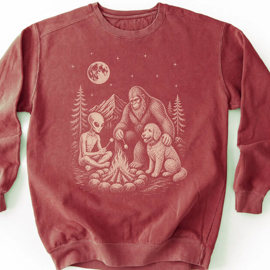 Goldendoodle, Bigfoot & Alien design on a crimson sweatshirt.