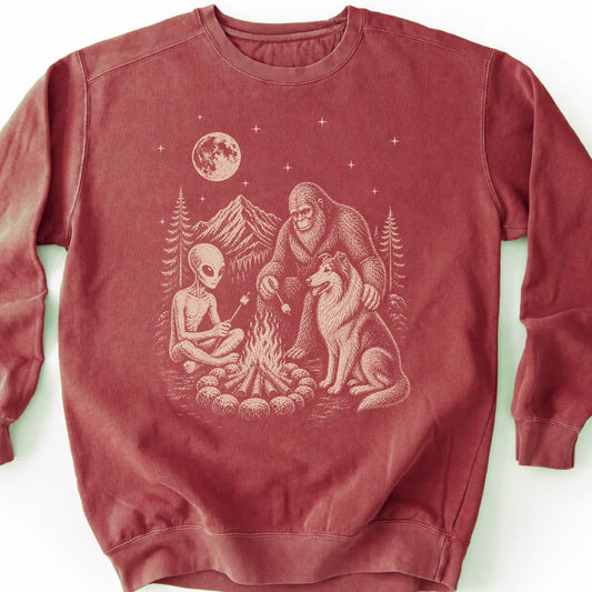 Collie, Bigfoot & Alien design on a crimson sweatshirt.