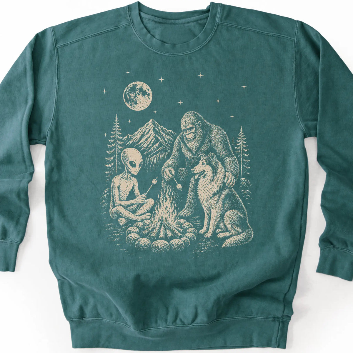 Collie, Bigfoot & Alien design on a blue spruce sweatshirt.