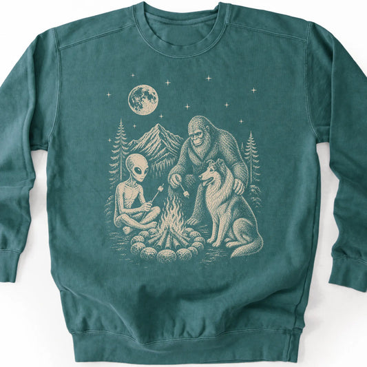 Collie, Bigfoot & Alien design on a blue spruce sweatshirt.