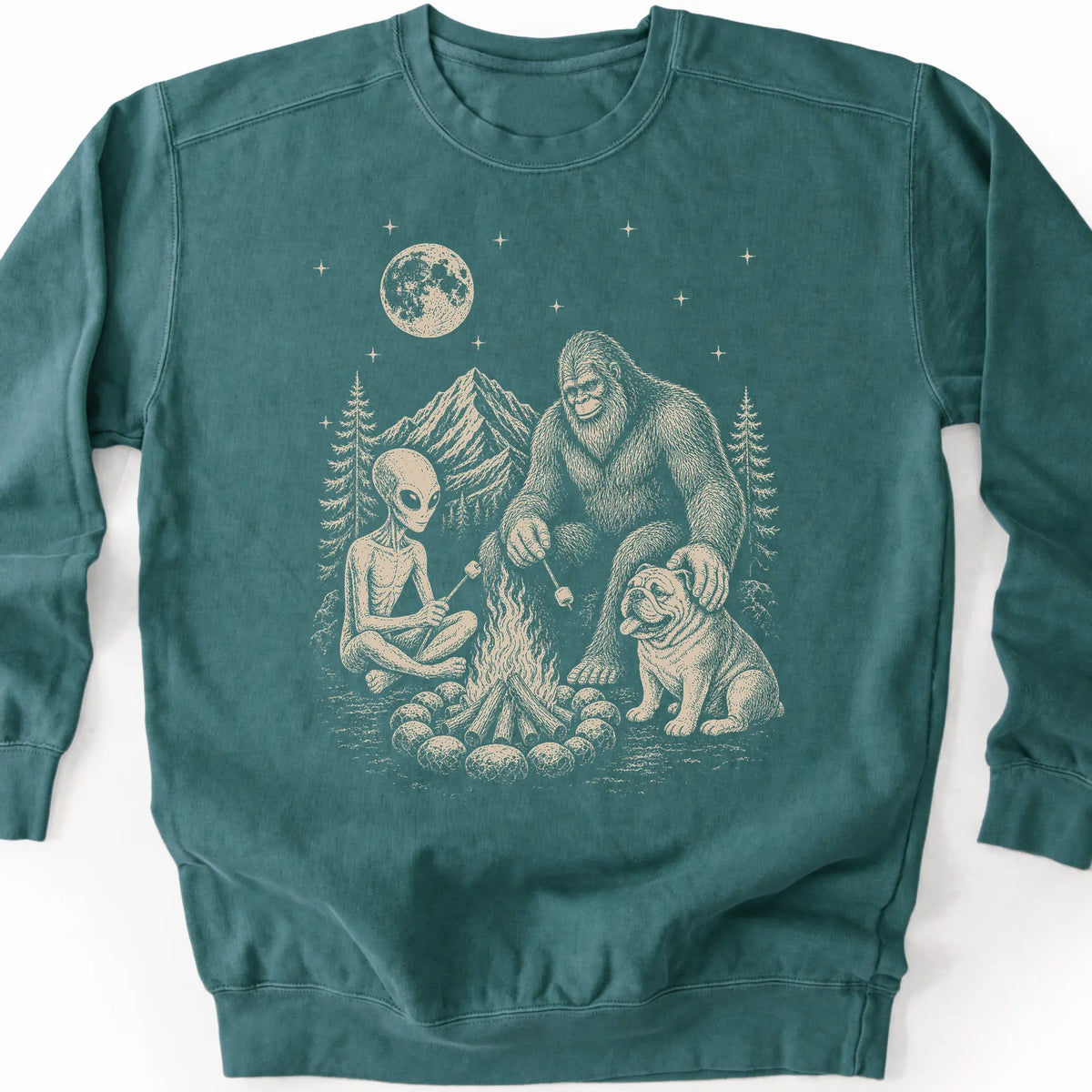 Bulldog, Bigfoot & Alien design on a blue spruce sweatshirt.