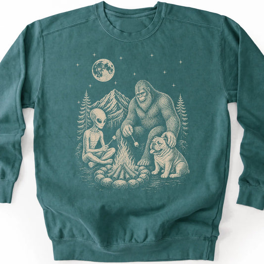 Bulldog, Bigfoot & Alien design on a blue spruce sweatshirt.