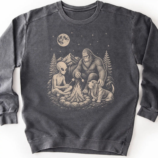 Basset Hound, Bigfoot & Alien design on a pepper sweatshirt.