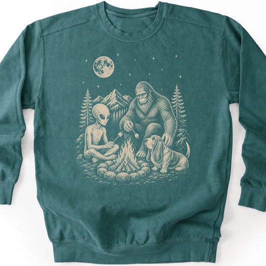 Basset Hound, Bigfoot & Alien design on a blue spruce sweatshirt.