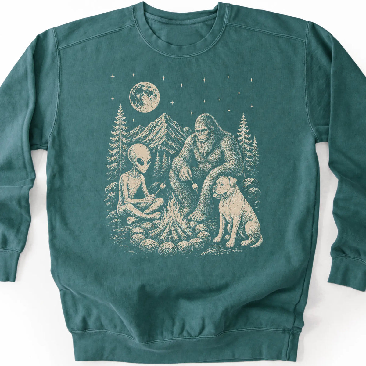 American Bulldog, Bigfoot & Alien design on a blue spruce sweatshirt.