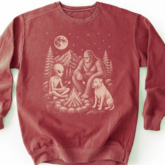 American Bulldog, Bigfoot & Alien design on a crimson sweatshirt.