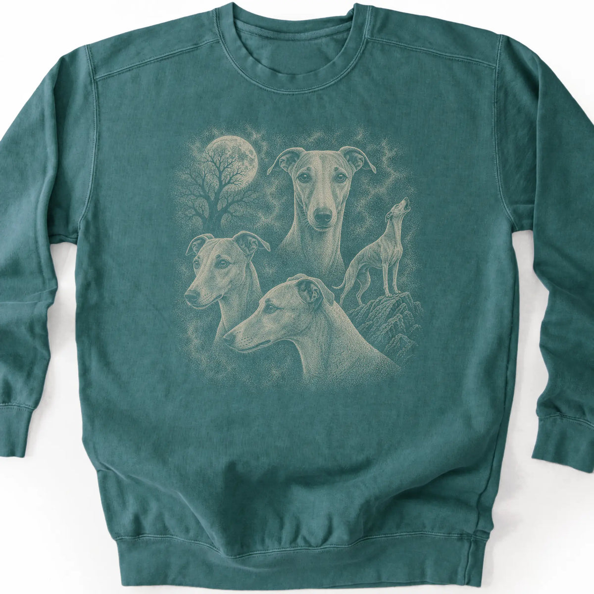 Whippet 90s Moon design on a blue spruce sweatshirt.