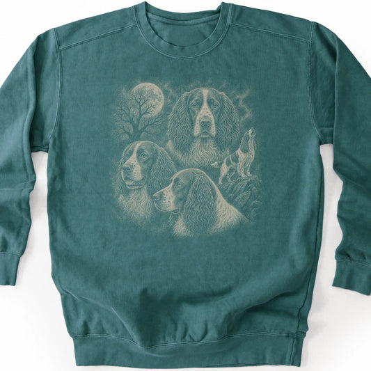 Springer Spaniel 90s Moon design on a blue spruce sweatshirt.