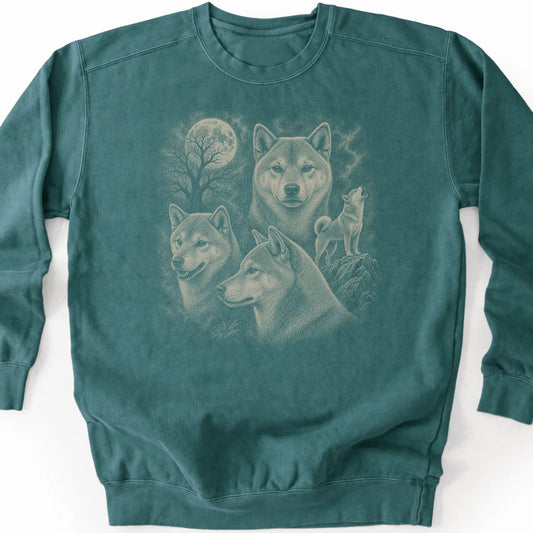 Shiba Inu 90s Moon design on a blue spruce sweatshirt.