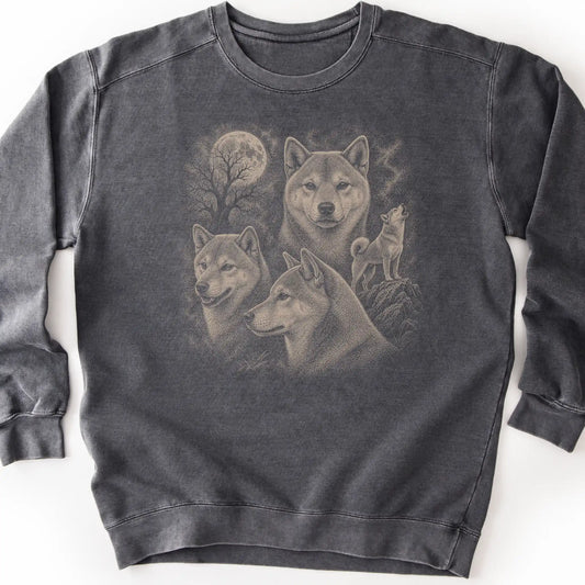 Shiba Inu 90s Moon design on a pepper sweatshirt.