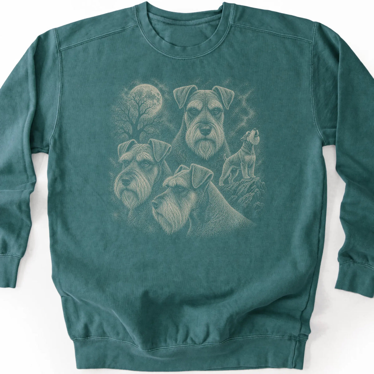 Schnauzer 90s Moon design on a blue spruce sweatshirt.