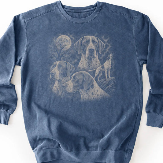 Pointer 90s Moon design on a denim sweatshirt.