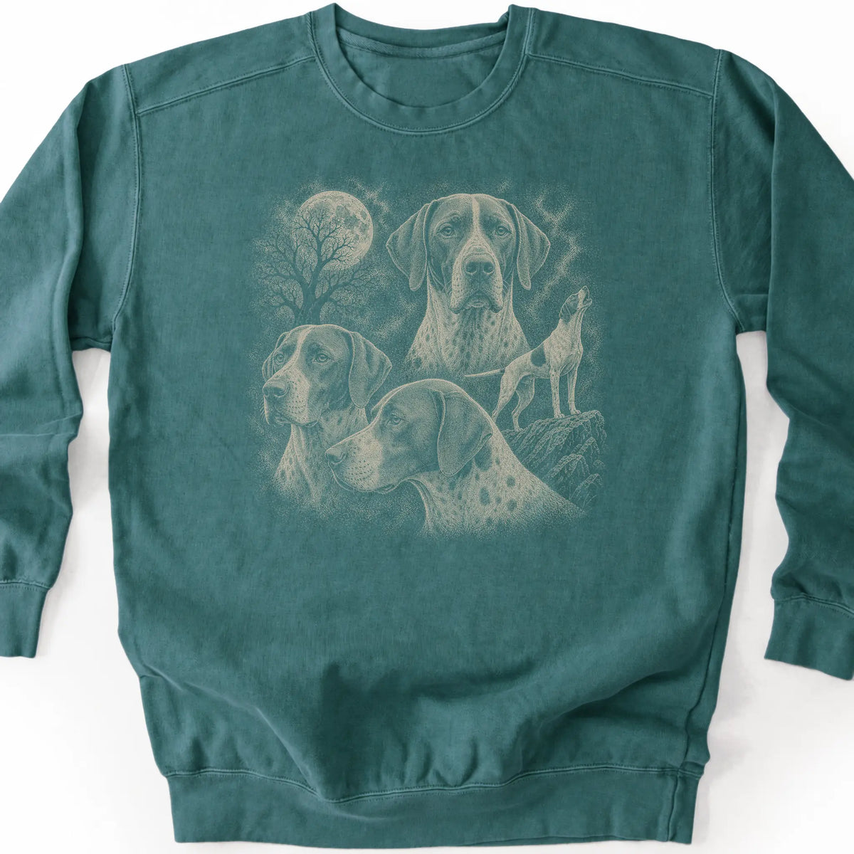 Pointer 90s Moon design on a blue spruce sweatshirt.