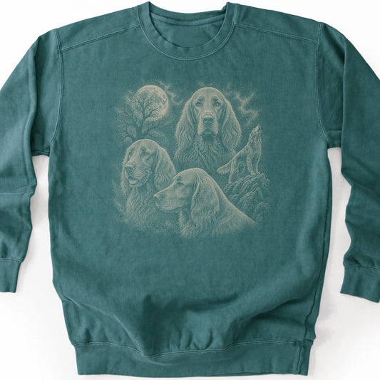 Irish Setter 90s Moon design on a blue spruce sweatshirt.