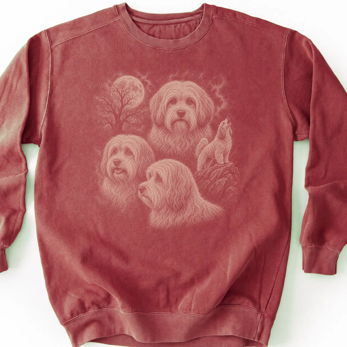 Havanese 90s Moon design on a crimson sweatshirt.