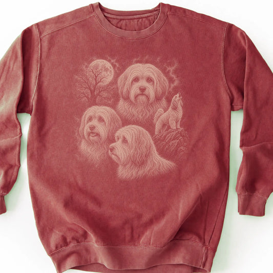 Havanese 90s Moon design on a crimson sweatshirt.