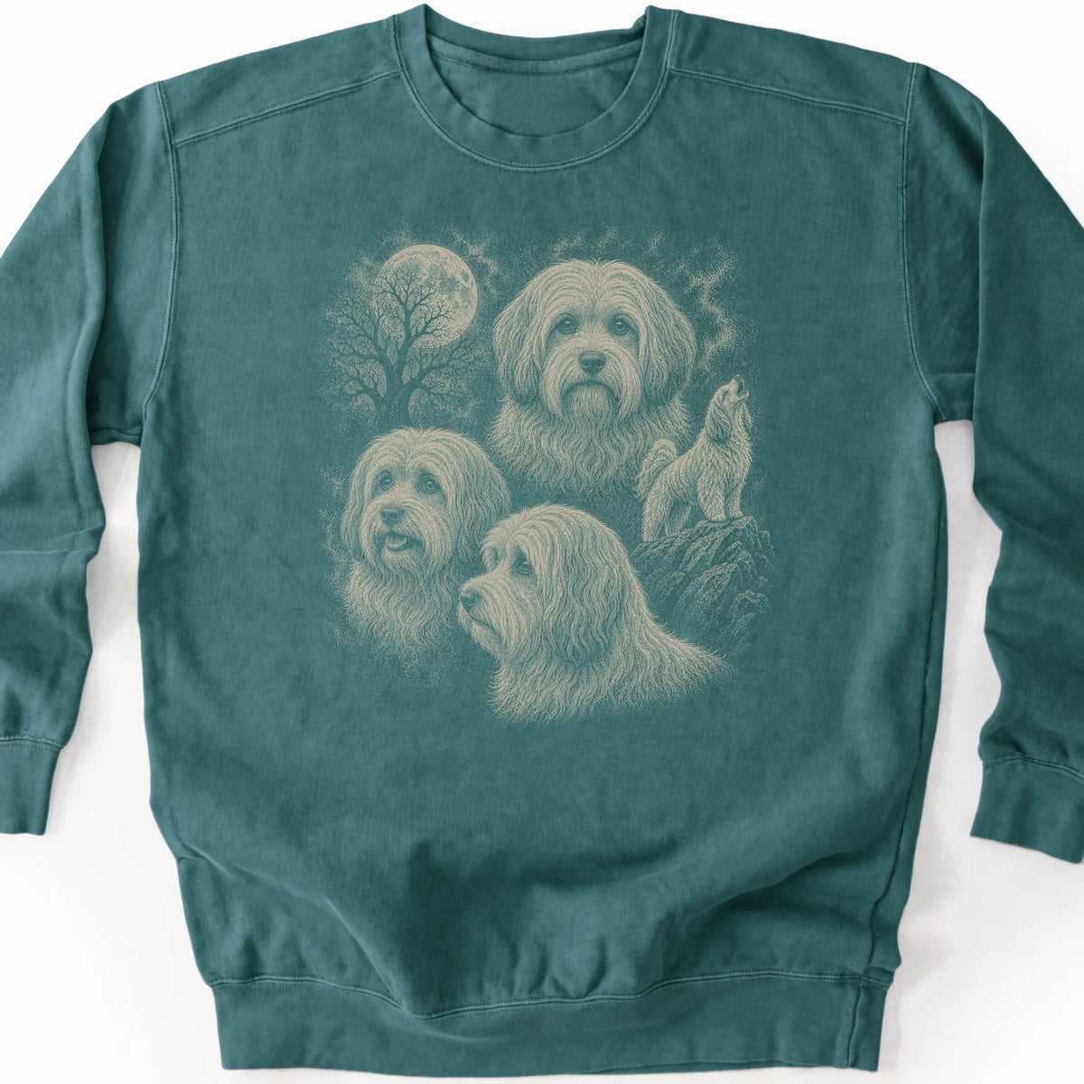 Havanese 90s Moon design on a blue spruce sweatshirt.