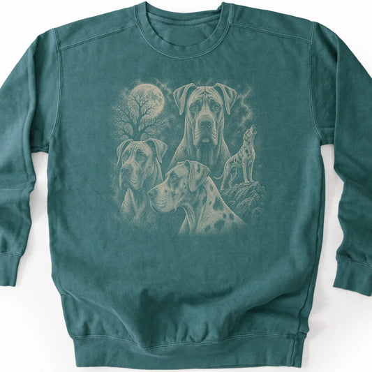 Great Dane 90s Moon design on a blue spruce sweatshirt.