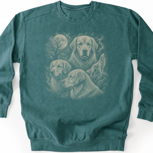 Golden Retriever 90s Moon design on a blue spruce sweatshirt.
