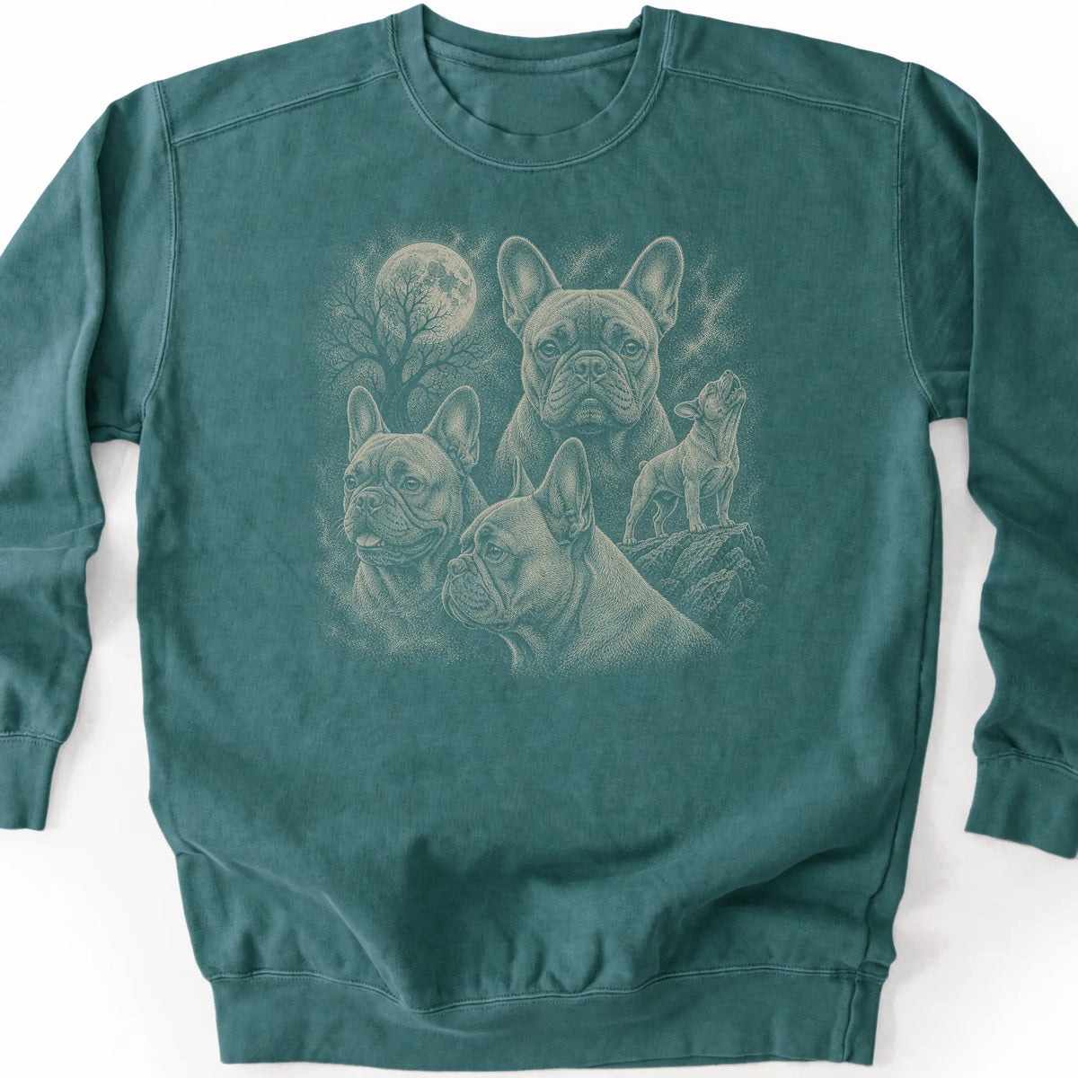 Frenchie 90s Moon design on a blue spruce sweatshirt.