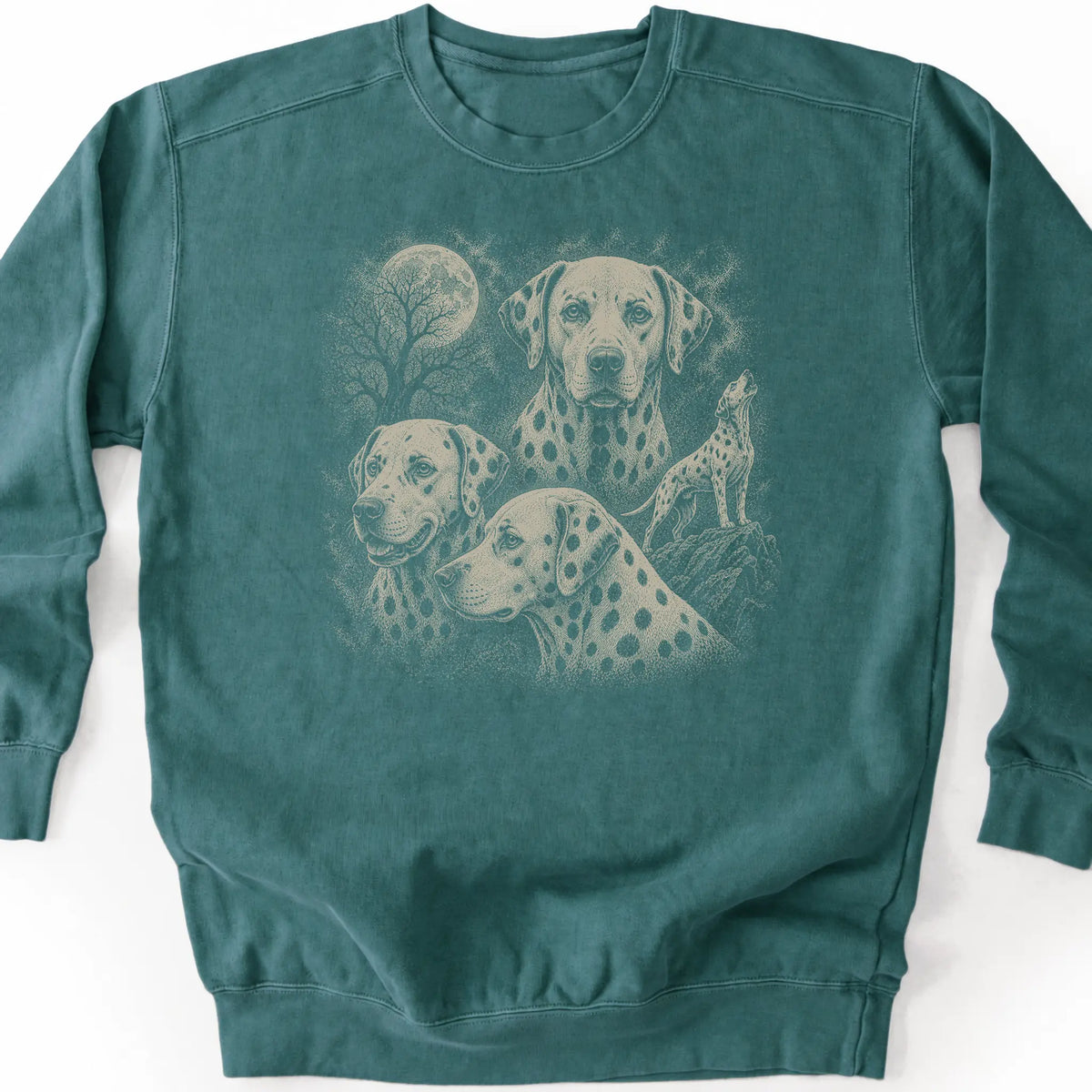 Dalmatian 90s Moon design on a blue spruce sweatshirt.