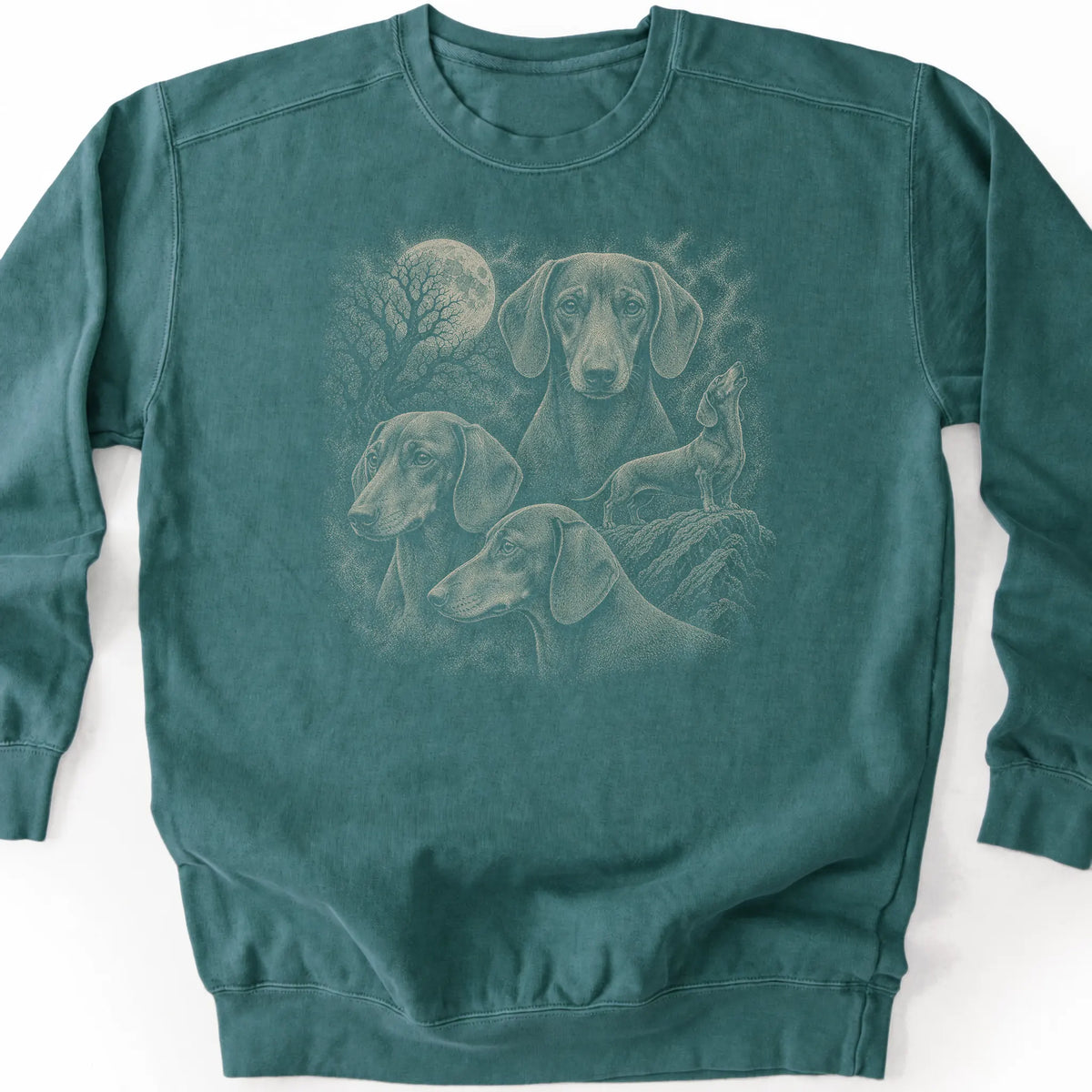 Dachshund 90s Moon design on a blue spruce sweatshirt.
