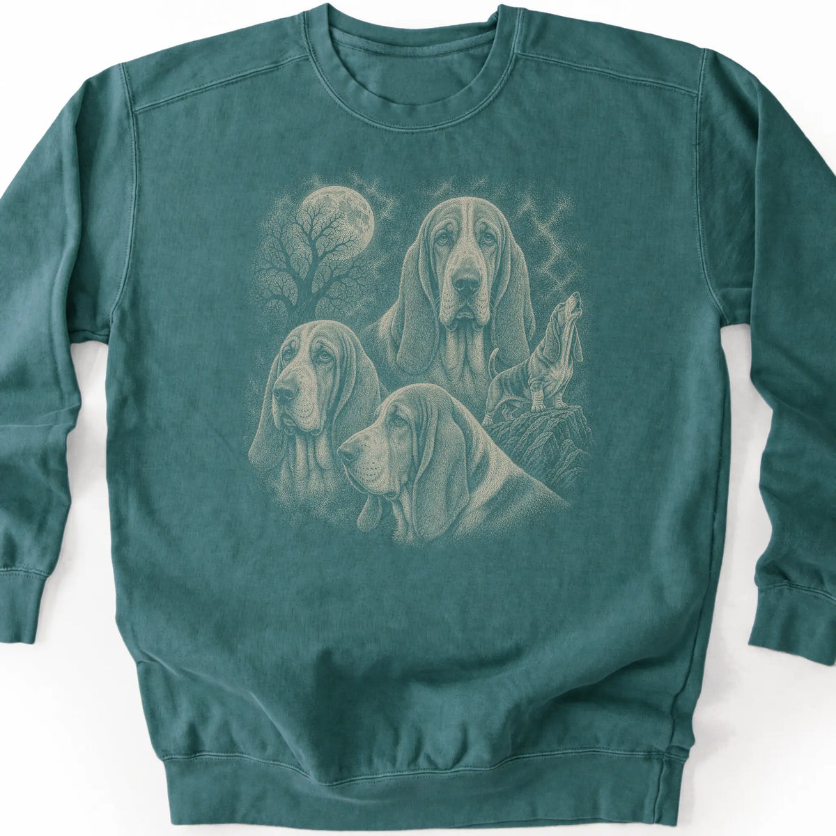 Basset Hound 90s Moon design on a blue spruce sweatshirt.