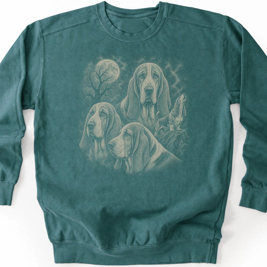 Basset Hound 90s Moon design on a blue spruce sweatshirt.