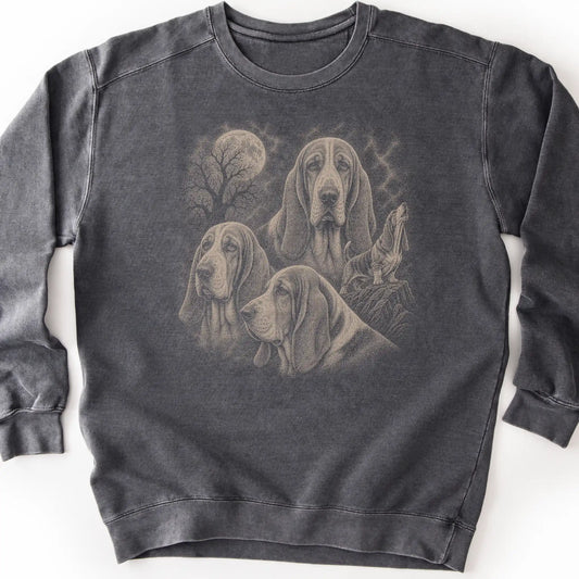 Basset Hound 90s Moon design on a pepper sweatshirt.
