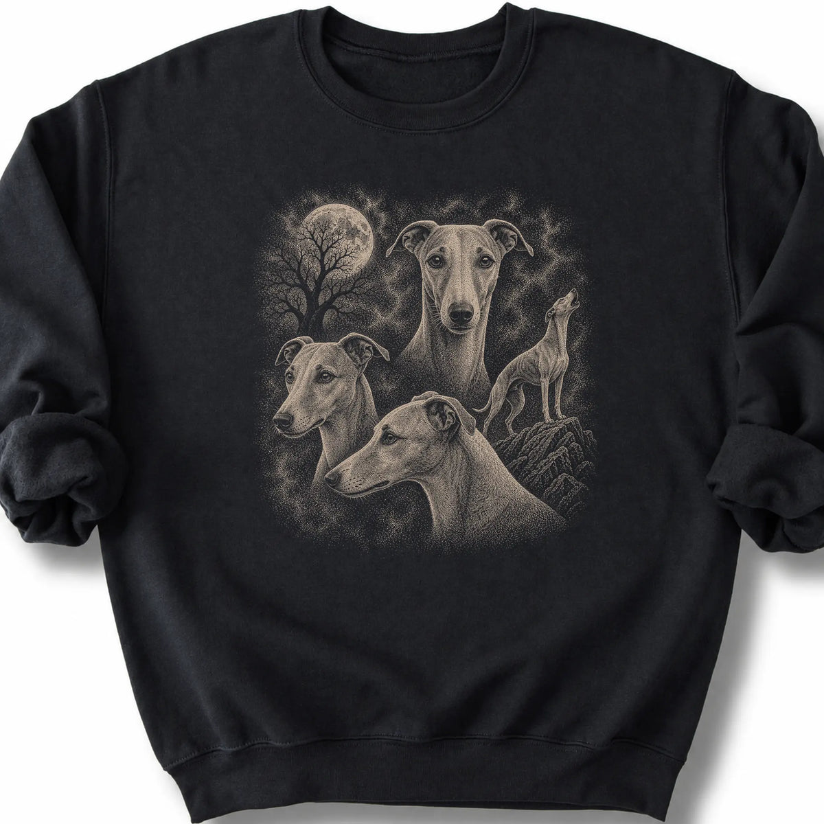 Whippet 90s Moon design on a black sweatshirt.