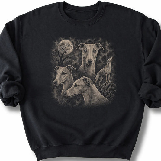 Whippet 90s Moon design on a black sweatshirt.