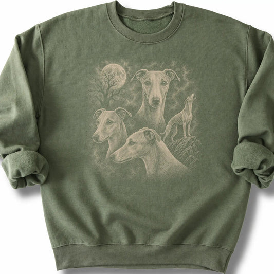 Whippet 90s Moon design on a military green sweatshirt.