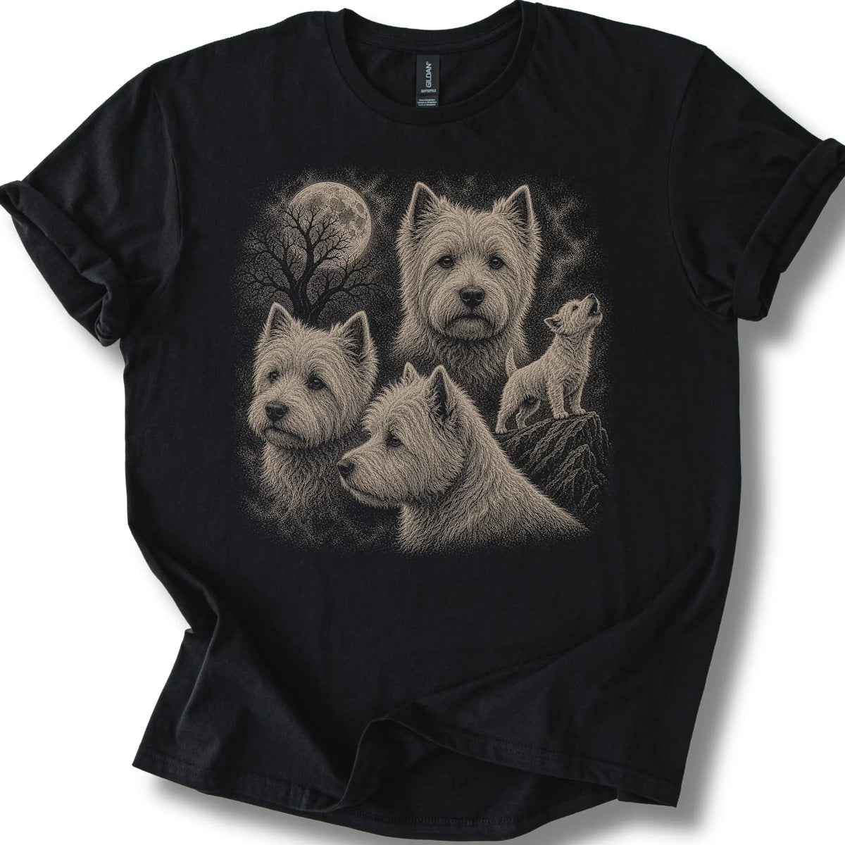 Westie 90s Moon design on a black T-shirt.