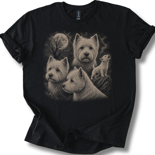 Westie 90s Moon design on a black T-shirt.