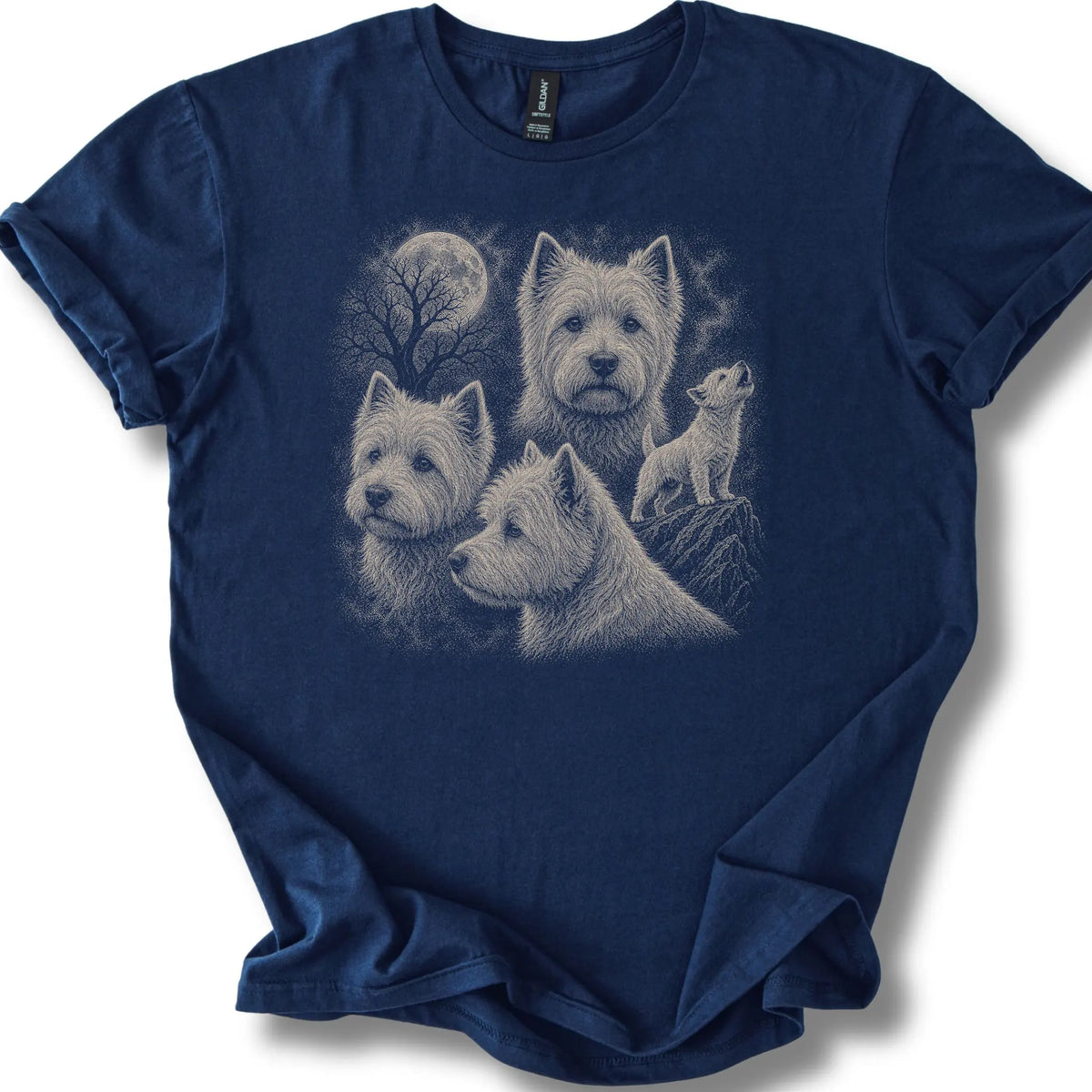 Westie 90s Moon design on a navy T-shirt.