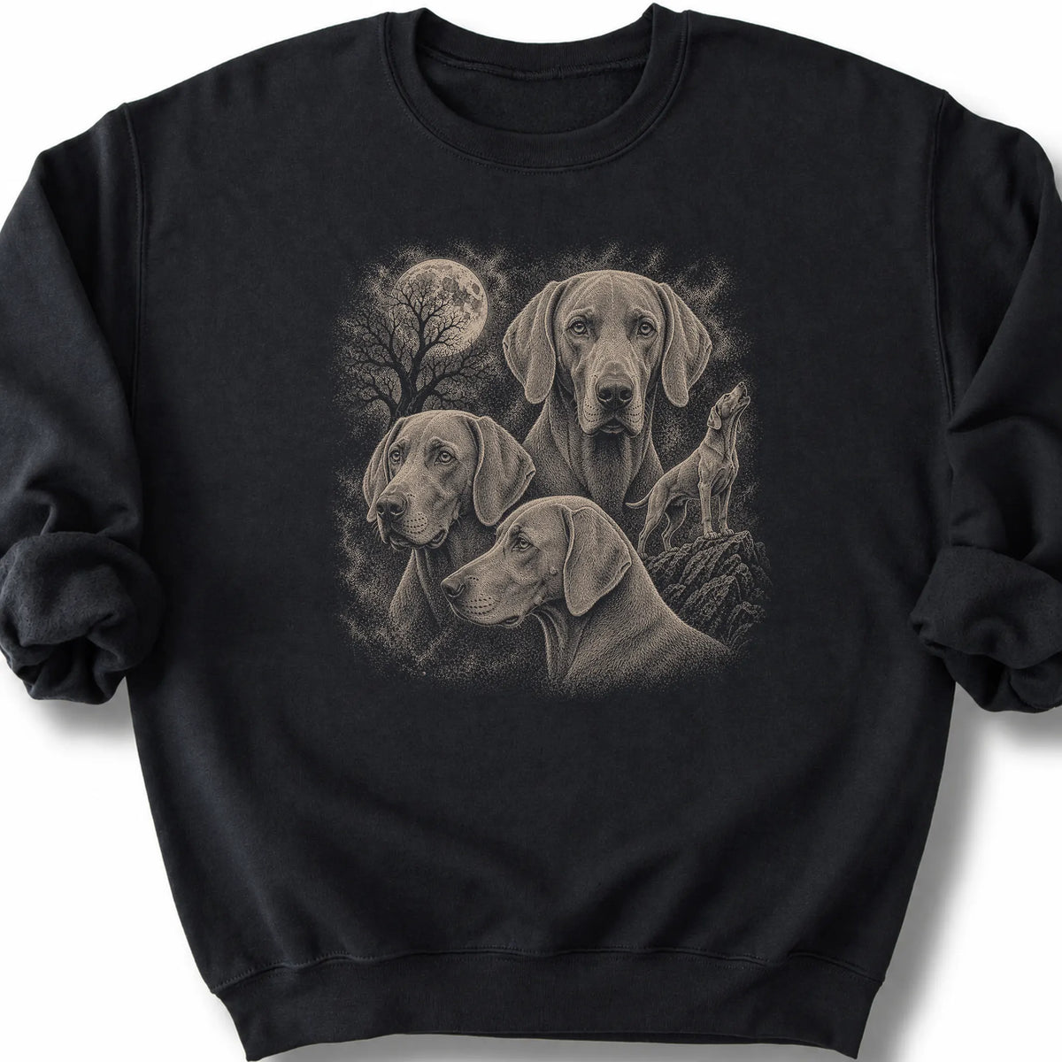 Weimaraner 90s Moon design on a black sweatshirt.