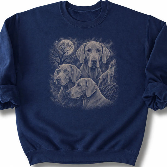 Weimaraner 90s Moon design on a navy sweatshirt.