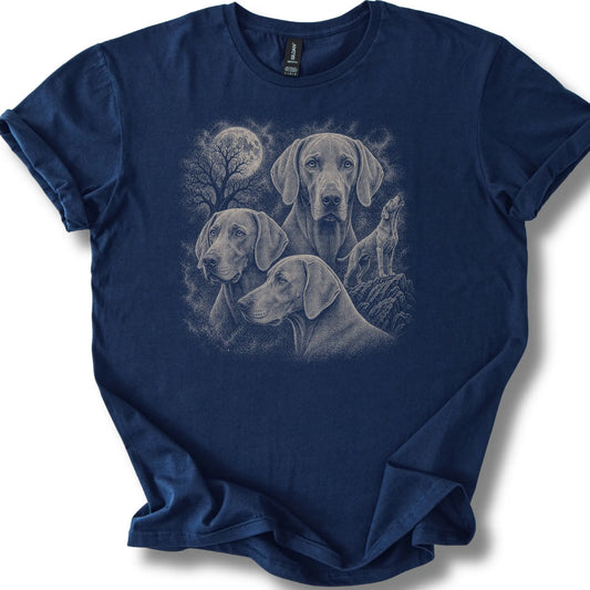 Weimaraner 90s Moon design on a navy T-shirt.