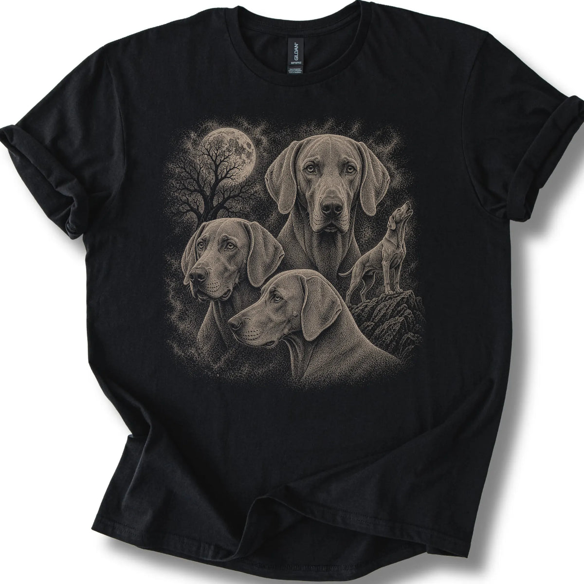 Weimaraner 90s Moon design on a black T-shirt.